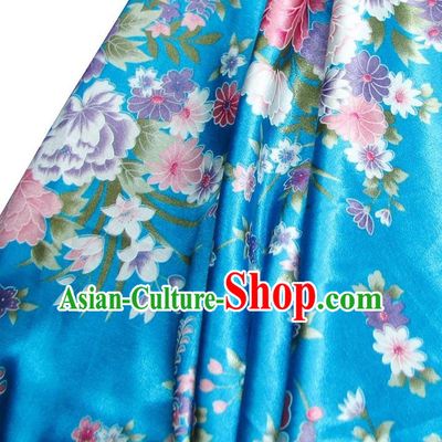 Chinese Traditional Royal Palace Printing Flowers Design Hanfu Blue Brocade Fabric Ancient Costume Tang Suit Cheongsam Material