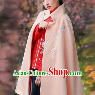 Traditional Chinese Ming Dynasty Young Lady Hanfu Costume Embroidered Pink Short Cloak for Women
