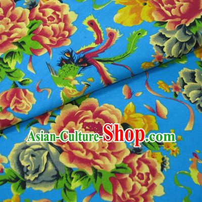 Chinese Traditional Palace Phoenix Peony Pattern Hanfu Blue Cotton Fabric Ancient Costume Tang Suit Cheongsam Material