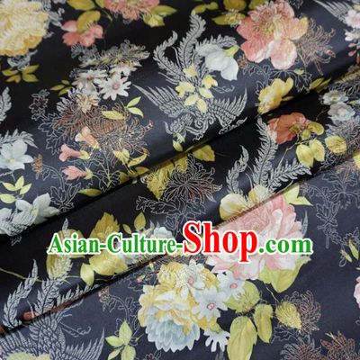 Chinese Traditional Palace Printing Flowers Pattern Hanfu Navy Brocade Fabric Ancient Costume Tang Suit Cheongsam Material