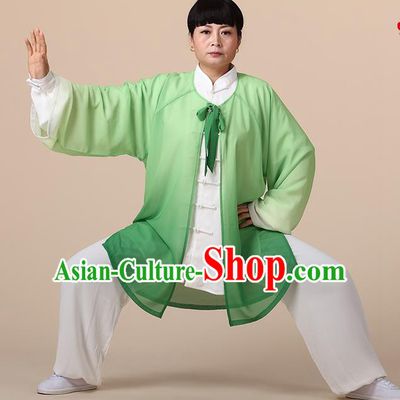 Traditional Chinese Kung Fu Costume Green Chiffon Cloak, China Martial Arts Tai Ji Mantillas Clothing for Women