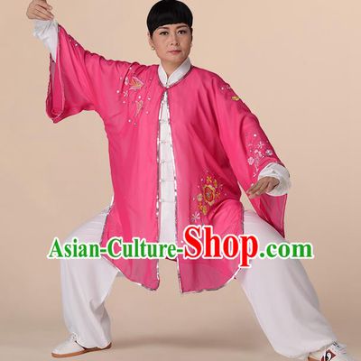 Traditional Chinese Kung Fu Costume Pink Chiffon Embroidered Cloak, China Martial Arts Tai Ji Mantillas Clothing for Women