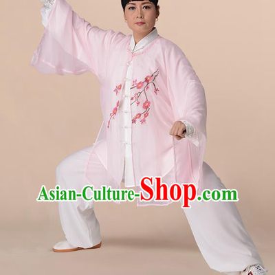 Traditional Chinese Kung Fu Costume Light Pink Chiffon Embroidered Cloak, China Martial Arts Tai Ji Mantillas Clothing for Women