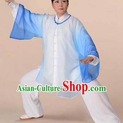 Traditional Chinese Kung Fu Costume Gradient Blue Chiffon Cloak, China Martial Arts Tai Ji Mantillas Clothing for Women
