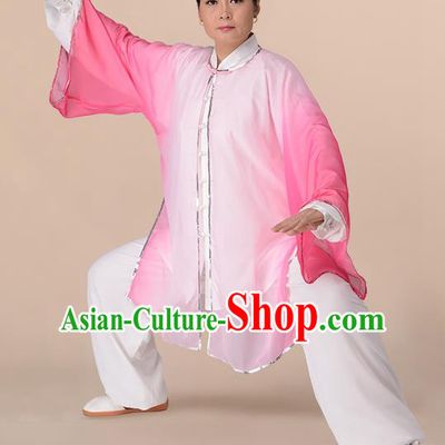Traditional Chinese Kung Fu Costume Gradient Pink Chiffon Cloak, China Martial Arts Tai Ji Mantillas Clothing for Women