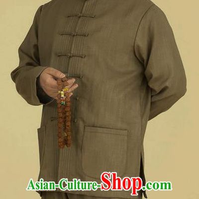 Traditional Chinese Kung Fu Brown Linen Costume, China Martial Arts Uniform Tai Ji Tang Suit Clothing for Men