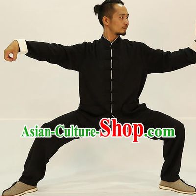 Traditional Chinese Kung Fu Black Linen Costume, China Martial Arts Uniform Tai Ji Tang Suit Plated Buttons Clothing for Men