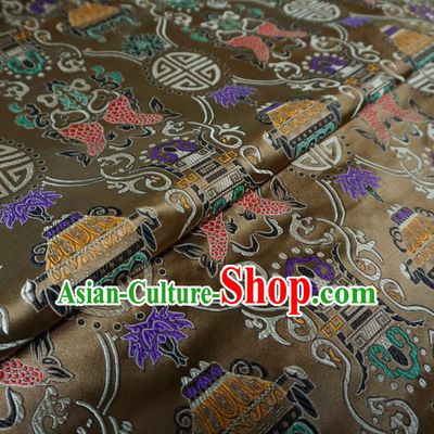 Chinese Traditional Palace Double Fish Pattern Hanfu Brown Brocade Fabric Ancient Costume Tang Suit Cheongsam Material