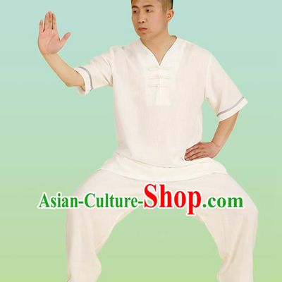 Chinese Linen Kung Fu Short Sleeve Costume, China Traditional Martial Arts Kung Fu Tai Ji Training Uniform for Adult