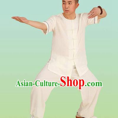 Chinese Linen Kung Fu Short Sleeve Costume, China Traditional Martial Arts Kung Fu Tai Ji Plated Buttons Uniform for Adult