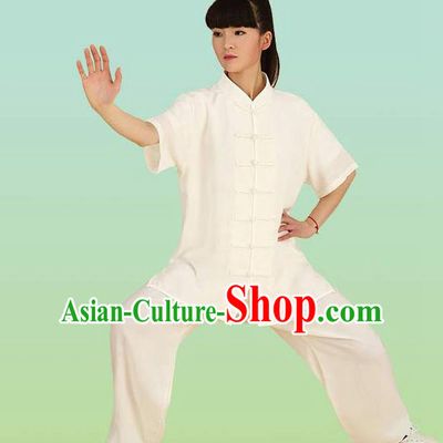 Chinese Linen Kung Fu Short Sleeve Costume, China Traditional Martial Arts Kung Fu Tai Ji Plated Buttons Uniform for Women