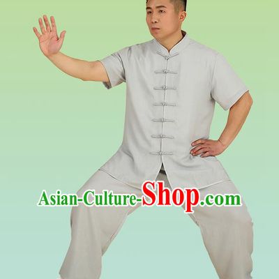 Chinese Linen Kung Fu Short Sleeve Grey Costume, China Traditional Martial Arts Kung Fu Tai Ji Plated Buttons Uniform for Men