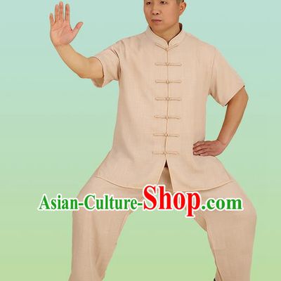 Chinese Linen Kung Fu Short Sleeve Khaki Costume, China Traditional Martial Arts Kung Fu Tai Ji Plated Buttons Uniform for Men
