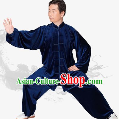 Chinese Kung Fu Black Navy Velvet Plated Buttons Costume Traditional Martial Arts Kung Fu Tai Ji Uniform for Women for Men