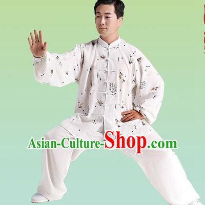 Top Grade Chinese Linen Kung Fu Costume, China Traditional Martial Arts Kung Fu Taiji Training Printing Uniform for Adult