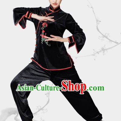 Traditional Chinese Kung Fu Black Velvet Embroidered Flowers Costume, China Martial Arts Tai Ji Slant Opening Clothing for Women