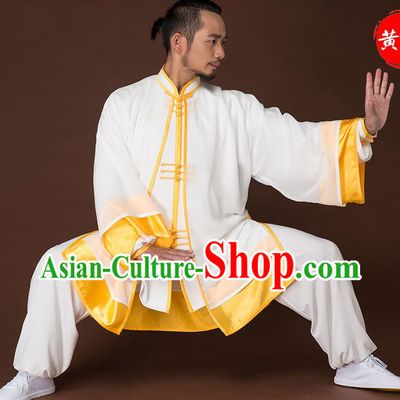 Traditional Chinese Kung Fu Costume Complete Set, China Martial Arts Yellow Uniform Tai Ji Tang Suit Clothing for Men