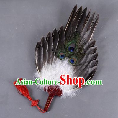 Traditional Chinese Crafts Folding Fan China Black Feather Fan Oriental Fan Zhuge Liang Fans