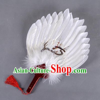 Traditional Chinese Crafts Folding Fan China White Feather Fan Printing Magpie Oriental Fan Zhuge Liang Fans