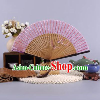 Traditional Chinese Crafts Hand Painted Wintersweet Pink Silk Folding Fan China Oriental Fans for Women
