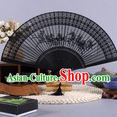 Traditional Chinese Crafts Hollow Out Eight Horses Folding Fan China Oriental Black Bamboo Fans for Women