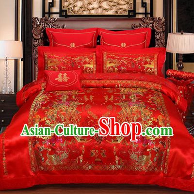 Traditional Asian Chinese Wedding Red Satin Qulit Cover Embroidered Hundred Children Bedding Sheet Four-piece Duvet Cover Textile Complete Set