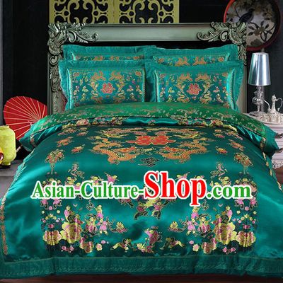 Traditional Asian Chinese Wedding Green Satin Qulit Cover Embroidered Hundred Children Bedding Sheet Four-piece Duvet Cover Textile Complete Set