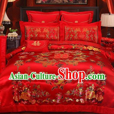 Traditional Chinese Wedding Red Satin Qulit Cover Embroidered Dragons Hundred Children Bedding Sheet Four-piece Duvet Cover Textile Complete Set