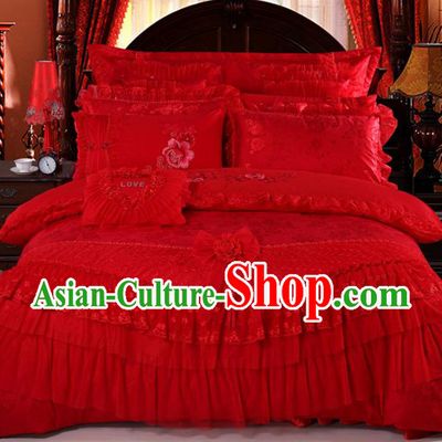 Traditional Chinese Wedding Red Lace Satin Qulit Cover Bedding Sheet Embroidered Ten-piece Duvet Cover Textile Complete Set