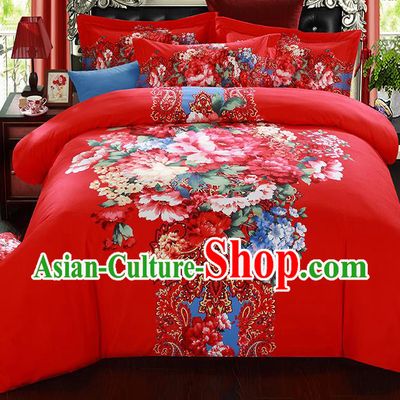 Traditional Chinese Wedding Red Printing Flowers Qulit Cover Bedding Sheet Four-piece Duvet Cover Textile Complete Set