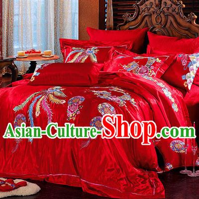Traditional Asian Chinese Wedding Palace Lace Qulit Cover Bedding Sheet Embroidered Dragon Phoenix Ten-piece Duvet Cover Textile Bedding Suit
