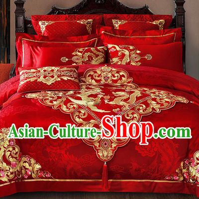 Traditional Asian Chinese Wedding Palace Qulit Cover Bedding Sheet Embroidered Dragon Phoenix Eleven-piece Duvet Cover Textile Bedding Suit