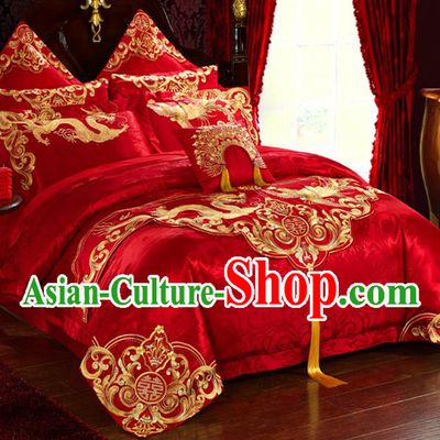 Traditional Asian Chinese Wedding Palace Qulit Cover Bedding Sheet Embroidered Dragon Phoenix Eleven-piece Duvet Cover Textile Complete Set