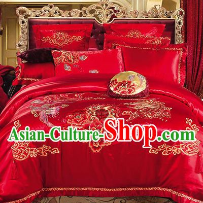 Traditional Asian Chinese Wedding Palace Qulit Cover Bedding Sheet Embroidered Peony Phoenix Ten-piece Duvet Cover Textile Complete Set