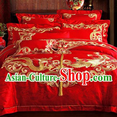 Traditional Asian Chinese Wedding Palace Qulit Cover Bedding Sheet Embroidered Dragon Phoenix Satin Ten-piece Duvet Cover Textile Complete Set