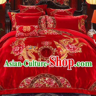 Traditional Asian Chinese Wedding Palace Qulit Cover Bedding Sheet Embroidered Dragon Phoenix Red Satin Ten-piece Duvet Cover Textile Complete Set