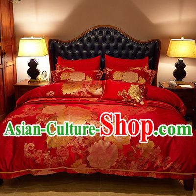 Traditional Asian Chinese Wedding Palace Qulit Cover Bedding Sheet Printing Peony Red Satin Ten-piece Duvet Cover Textile Complete Set