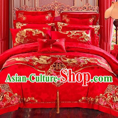 Traditional Asian Chinese Wedding Palace Qulit Cover Bedding Sheet Embroidered Dragon Phoenix Red Satin Eleven-piece Duvet Cover Textile Complete Set