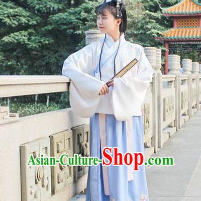 Traditional Chinese Ancient Ming Dynasty Young Lady Hanfu Costume Embroidered White Blouse and Blue Skirt for Women