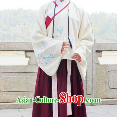 Traditional Chinese Ancient Ming Dynasty Princess Hanfu Costume Embroidered White Blouse and Wine Red Skirt for Women