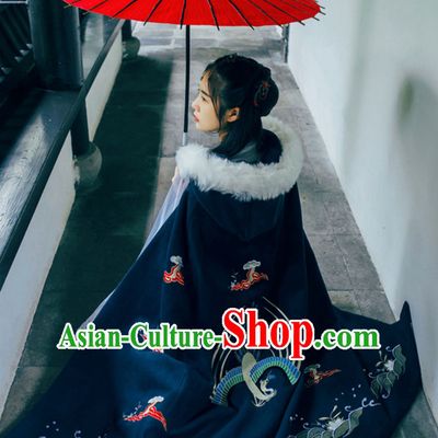 Ancient Chinese Style Black Embroidered Thick Winter Mantle Cape