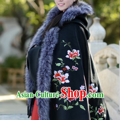 Ancient Chinese Style Black Embroidered Flower Mantle Cape Hanfu