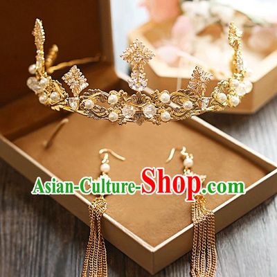 Chinese Traditional Bride Hair Jewelry Accessories Baroque Wedding Golden Royal Crown for Women