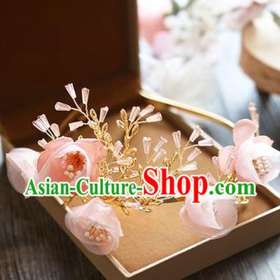 Chinese Traditional Bride Hair Jewelry Accessories Baroque Wedding Pink Flowers Royal Crown for Women