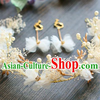 Chinese Traditional Bride Hair Jewelry Accessories Wedding Dragonfly White Flowers Hair Clasp and Earrings for Women