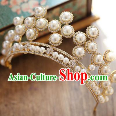 Chinese Traditional Bride Hair Accessories Baroque Princess Hair Clasp Wedding Crystal Pearls Royal Crown for Women