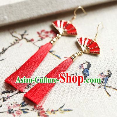 Chinese Traditional Bride Jewelry Accessories Princess Wedding Xiuhe Suit Red Fans Tassel Earrings for Women
