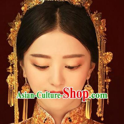 Chinese Traditional Bride Hair Jewelry Accessories Xiuhe Suit Golden Phoenix Coronet Wedding Tassel Headwear for Women