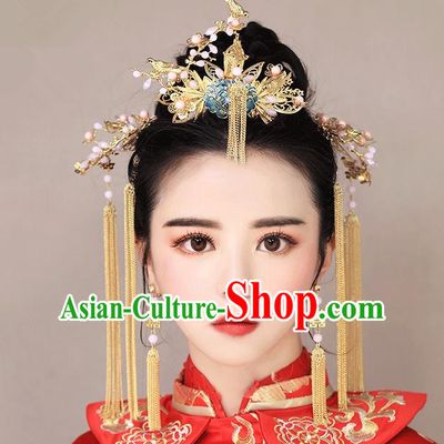 Chinese Traditional Bride Hair Jewelry Accessories Palace Xiuhe Suit Tassel Hairpins Wedding Blueing Phoenix Coronet for Women