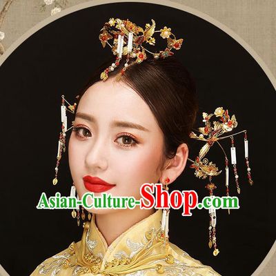 Chinese Traditional Bride Hair Jewelry Accessories Palace Xiuhe Suit Butterfly Hairpins Wedding Tassel Phoenix Coronet for Women